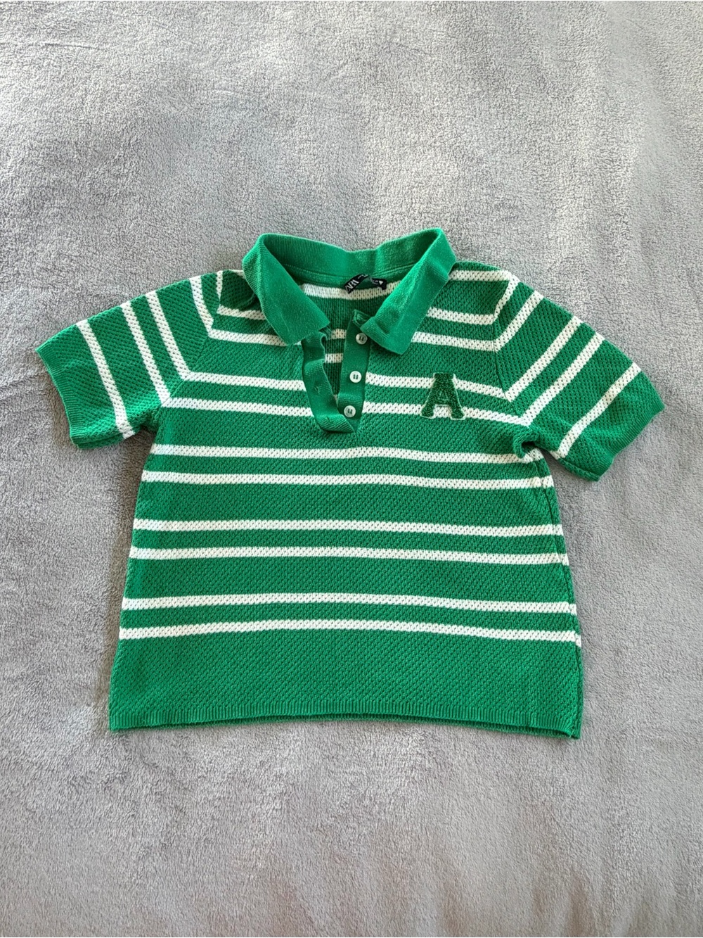 Zara Green & White Striped Polo Knit Top Size S
